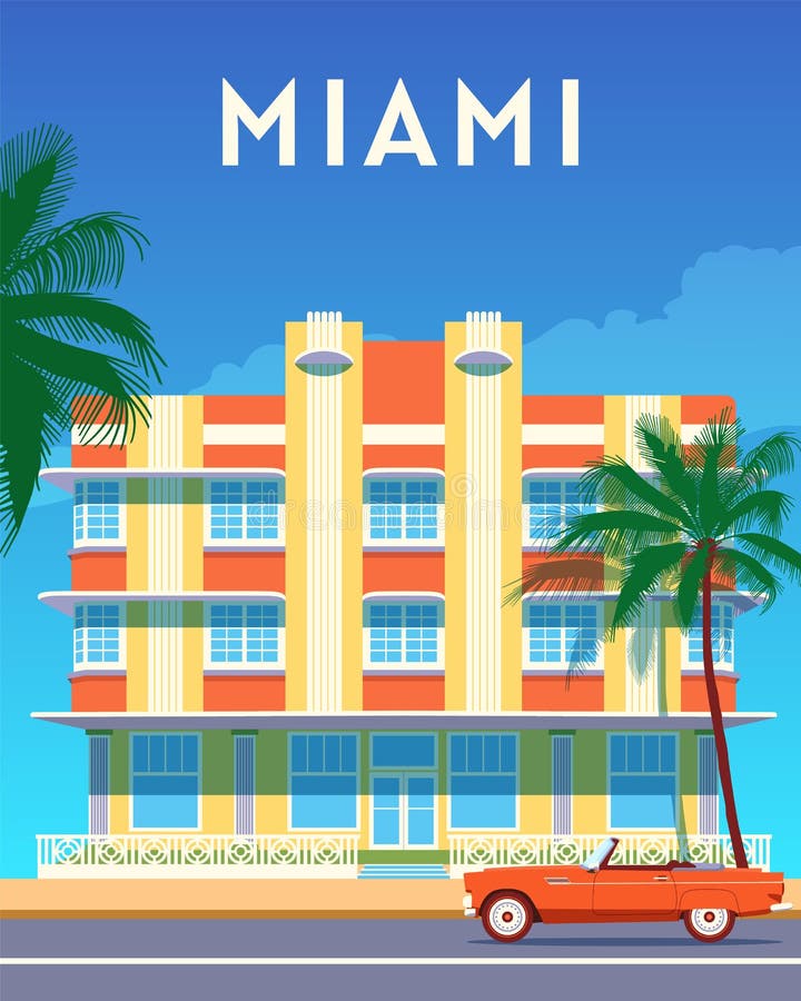 Miami city călătorie retro poster soare zi în art deco district. bannere de vară din Florida. stock illustration