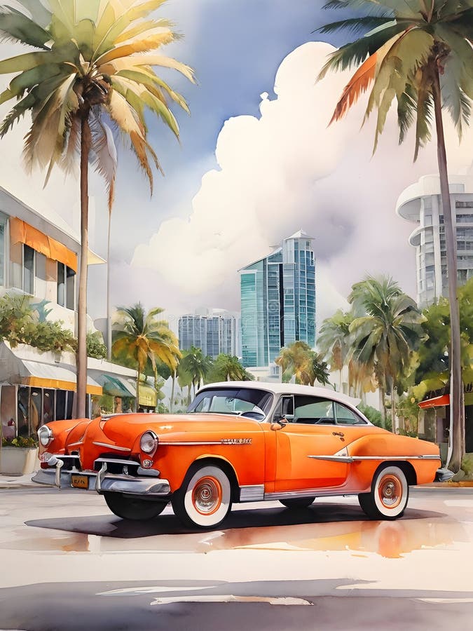 Miami city view watercolor art royalty free illustration