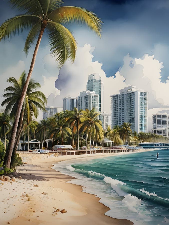 Miami city view watercolor art royalty free illustration
