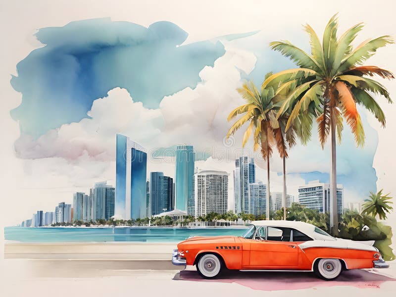 Miami city view watercolor art stock illustration