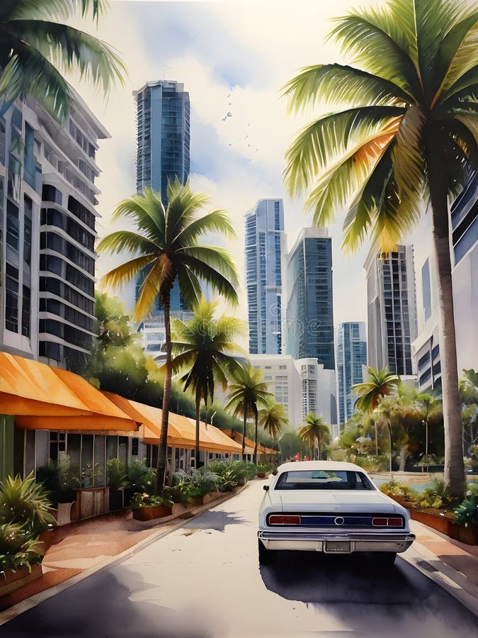 Miami city view watercolor art vector illustration