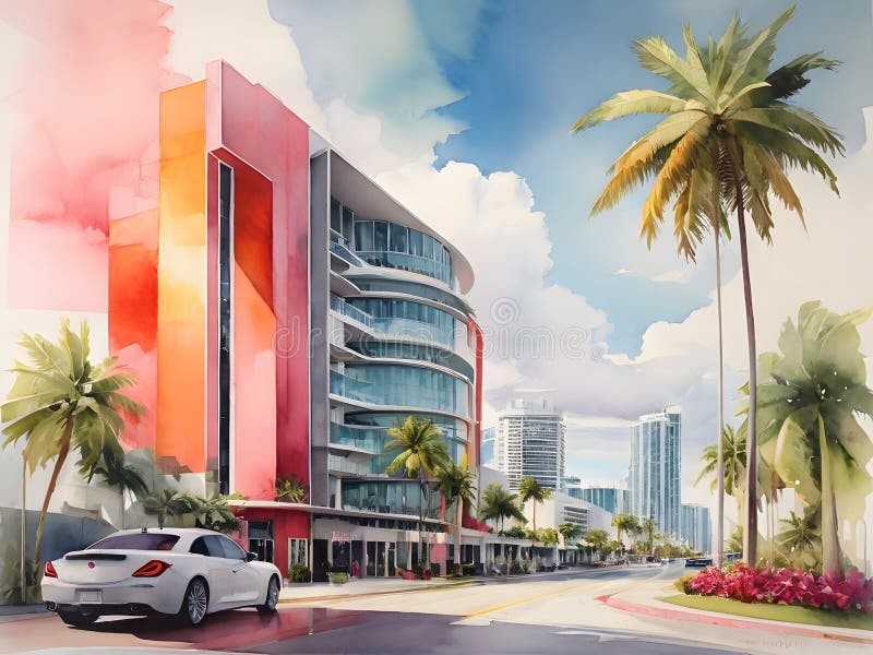 Miami city view watercolor art stock illustration