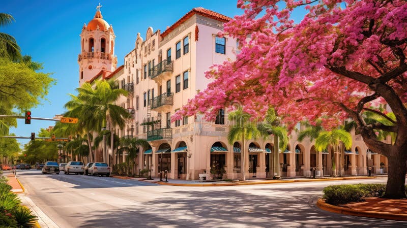 miami coral gables florida illustration suburb university, mediterranean historic, venetian pool miami coral gables florida AI generated