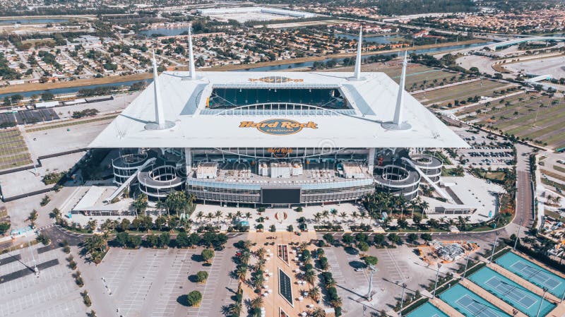 Aerial view, drone photography of Hard Rock Stadium of the Miami Dolphins. Aerial View on Hard Rock Stadium Super Bowl LIV. Stadiu stock photos