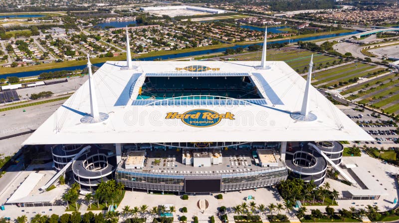 Aerial view, drone photography of Hard Rock Stadium of the Miami Dolphins. Aerial View on Hard Rock Stadium Super Bowl LIV. Stadiu stock photos