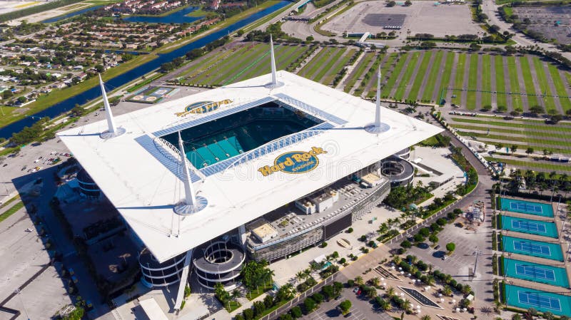 Aerial view, drone photography of Hard Rock Stadium of the Miami Dolphins. Aerial View on Hard Rock Stadium Super Bowl LIV. Stadiu royalty free stock photos