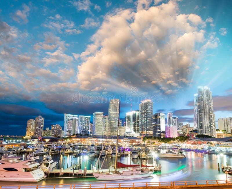 Miami night skyline from Port Boulevard. Florida sunset.