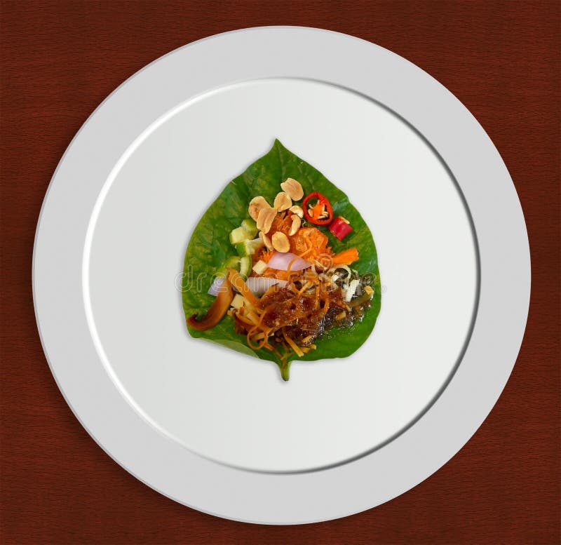 Miang Kham, thailändische wohlschmeckende Bissgröße Blatt-wickelte Aperitif ein stockfotos Miang Kham, thailändische wohlschmeckende Bissgröße Blatt-wickelte Aperitif ein stockfotos