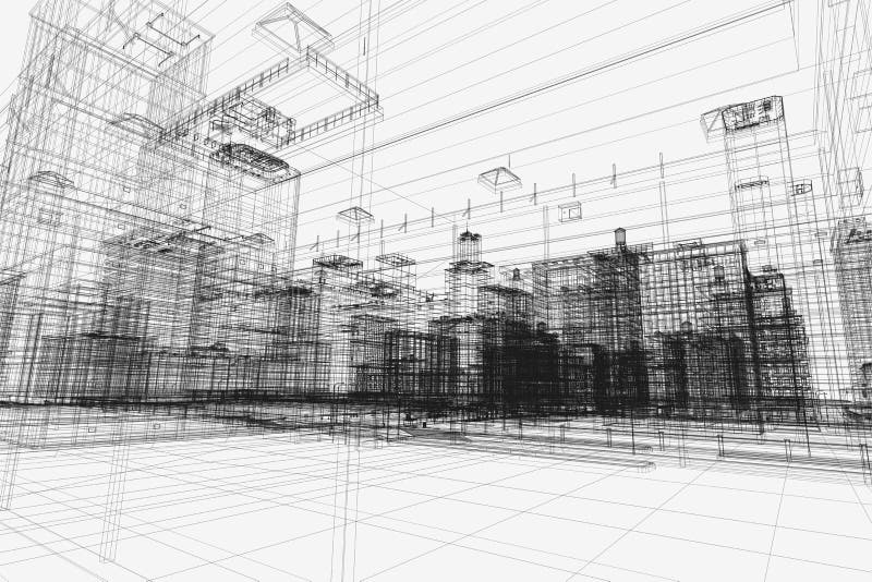 Miasto budynków projekt, 3d wireframe druk, miastowy plan architektura