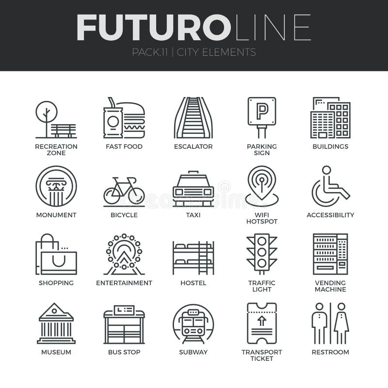 Miasto elementów Futuro linii ikony Ustawiać ilustracja wektor Miasto elementów Futuro linii ikony Ustawiać ilustracja wektor