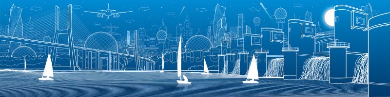 Miasto infrastruktury panoramiczna ilustracja Duży most przez rzekę dnepr władze wodnej stacji zaporozhye Ukraine rzeki Statek lą royalty ilustracja