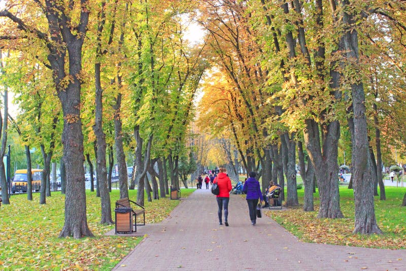 Miasto park z ludźmi chodzi na ulicznej alei z ławkami w jesieni fotografia stock Miasto park z ludźmi chodzi na ulicznej alei z ławkami w jesieni fotografia stock