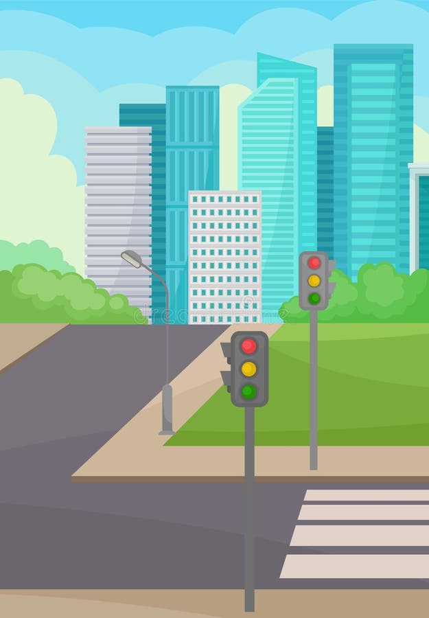 Miasto ulica z drogą, crosswalk i światła ruchu, wieżowowie na tle miejski krajobrazu Płaski wektor ilustracja wektor Miasto ulica z drogą, crosswalk i światła ruchu, wieżowowie na tle miejski krajobrazu Płaski wektor ilustracja wektor