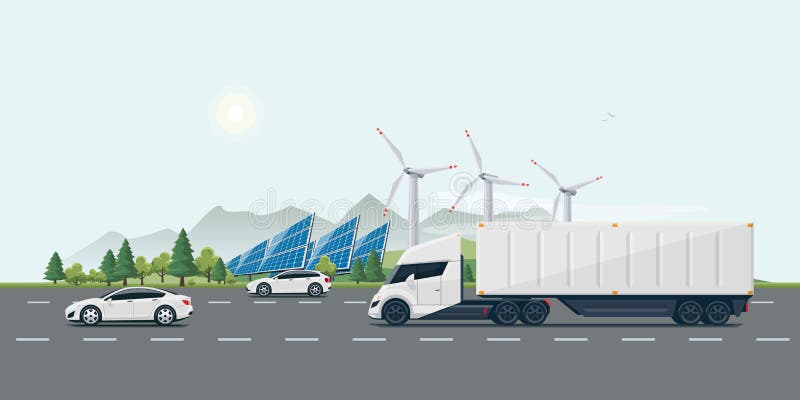 Flat vector cartoon style illustration of landscape street with electric cars, futuristic semi truck, solar panels, wind turbines and mountain countryside in backround. Sustainable ecology transportation concept. Flat vector cartoon style illustration of landscape street with electric cars, futuristic semi truck, solar panels, wind turbines and mountain countryside in backround. Sustainable ecology transportation concept.