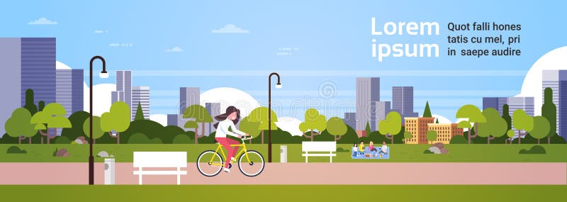 Miastowi parka outdoors kobiety kolarstwa ludzie relaksuje pyknicznego latarnia uliczna pejzażu miejskiego pojęcia sztandaru hory ilustracja wektor Miastowi parka outdoors kobiety kolarstwa ludzie relaksuje pyknicznego latarnia uliczna pejzażu miejskiego pojęcia sztandaru hory ilustracja wektor