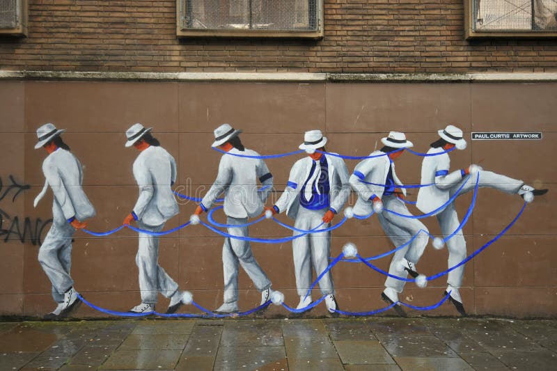 Michael Jackson Moonwalker Mural by Paul Curtis in Colquitt Street, Liverpool. A unique piece of street art that is influenced by Michael Jackson`s Smooth Criminal video.  The artwork pays homage to Michael`s amazing dance moves, particularly his moonwalk