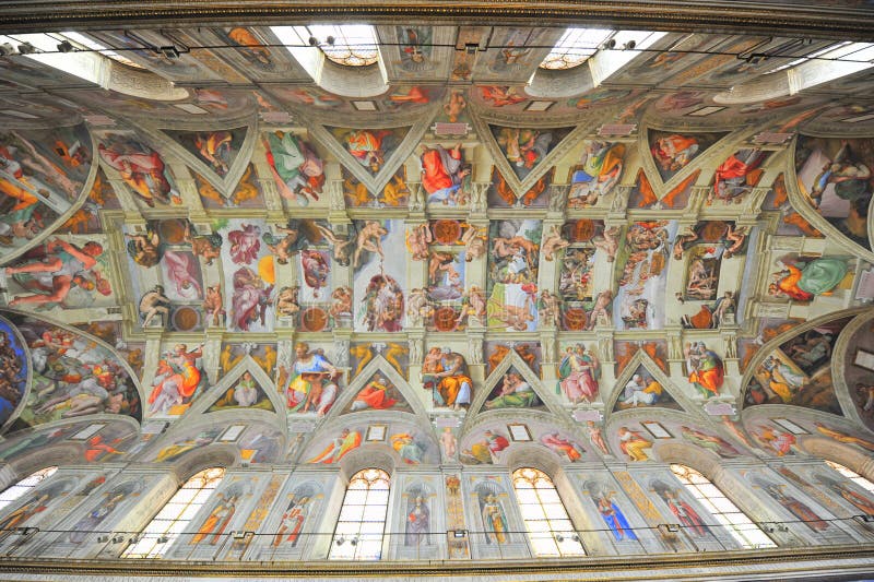 Michelangelo's Sistine Chapel paintings. Mural paintings representing Bible episodes painted by the famous Michelangelo Buonaroti on the ceiling of the Sistine Michelangelo's Sistine Chapel paintings. Mural paintings representing Bible episodes painted by the famous Michelangelo Buonaroti on the ceiling of the Sistine