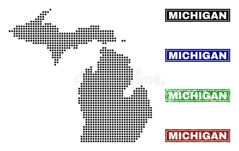 Michiganöversikt i Dot Style med Grungenamnstämplar vektor illustrationer Michiganöversikt i Dot Style med Grungenamnstämplar vektor illustrationer
