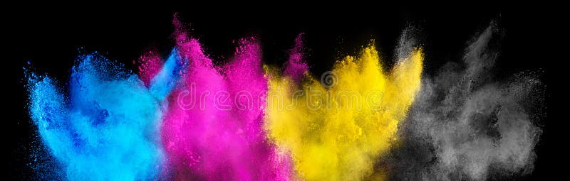 Colorful CMYK cyan magenta yellow key holi paint color powder explosion isolated on dark black background. printing print business industry manufacturing  beautiful party festival concept. Colorful CMYK cyan magenta yellow key holi paint color powder explosion isolated on dark black background. printing print business industry manufacturing  beautiful party festival concept