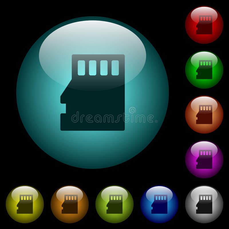 Micro SD memory card icons in color illuminated glass buttons vector illustration