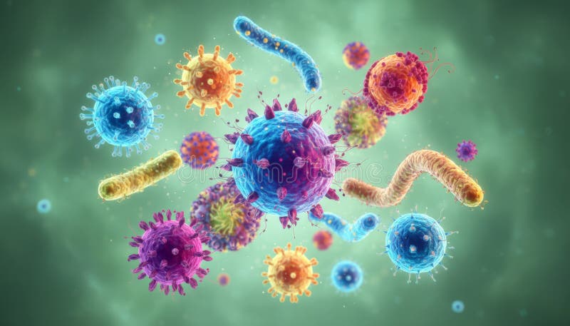 Microbes and viruses causing infection and disease stock photos