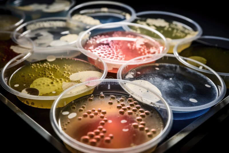 Microbial Cultures Growing on Agar Plates, with Petri Dishes and Equipment Visible Stock