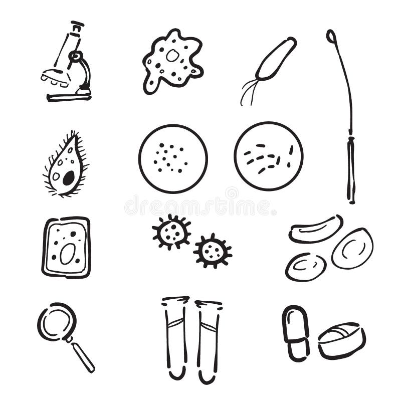 Microbiology Lab Doodle Icons Set Stock Vector - Illustration of