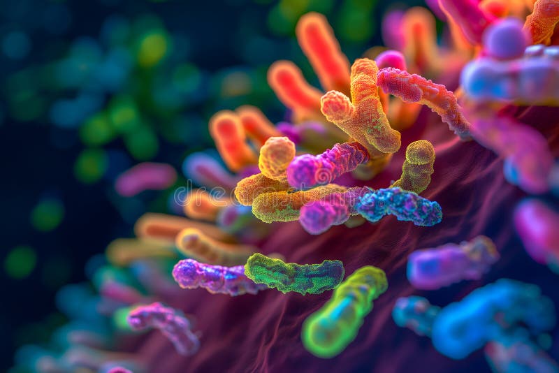 Microbioma astratto variegato e variegato, contenente diversi tipi di microorganismi. rete neurale creata nel gennaio 2024. non basato su una scena o un pattern effettivi. prodotto a base di