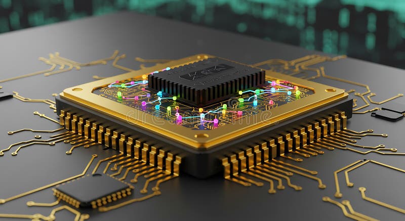 Microchip with a black and gold color scheme, featuring intricate circuit patterns. It royalty free illustration