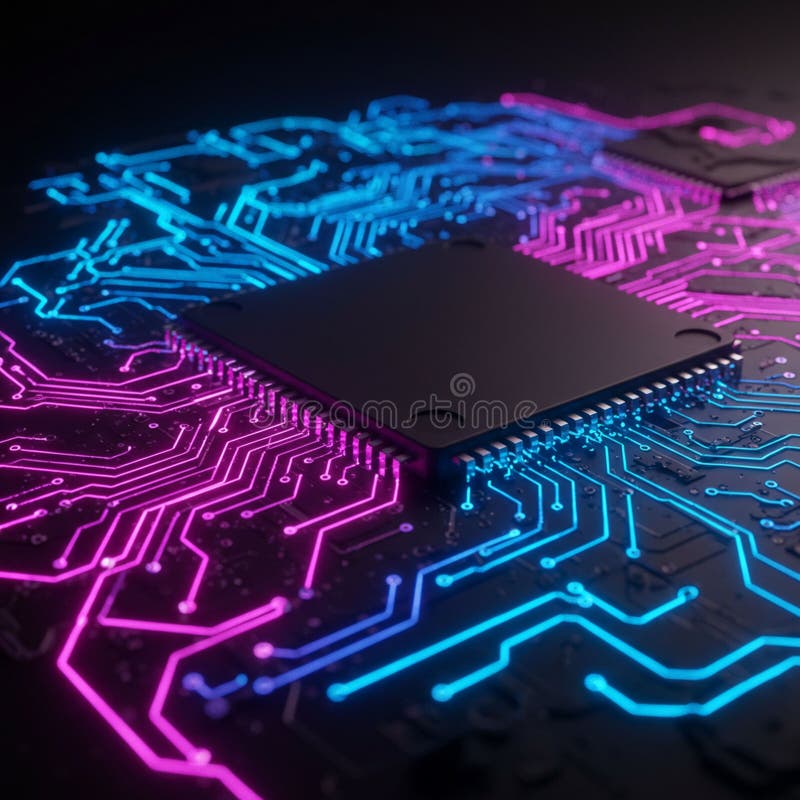 Microchip on a circuit board with illuminated pathways. Blue and pink neon lines stock illustration