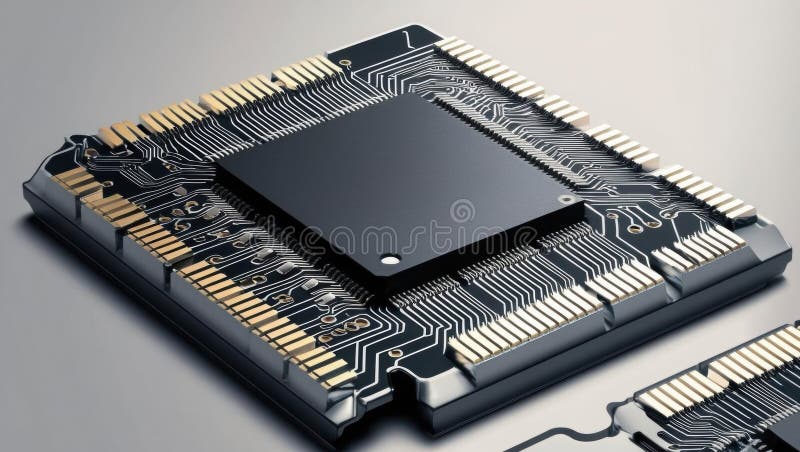 Microchip close up showcasing intricate circuits and detailed layers with vibrant lighting effects, highlighting complexity and vector illustration