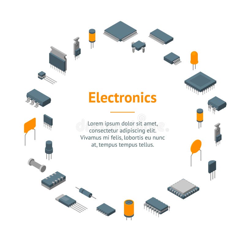 Microchip Computer Electronic Components Banner Card Circle Isometric View. Vector vector illustration