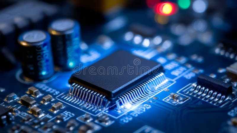 Microchip cpu processor on electronic circuit board, representing computing power royalty free illustration