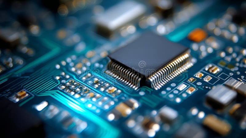 Microchip cpu processor on electronic circuit board, representing computing power stock illustration