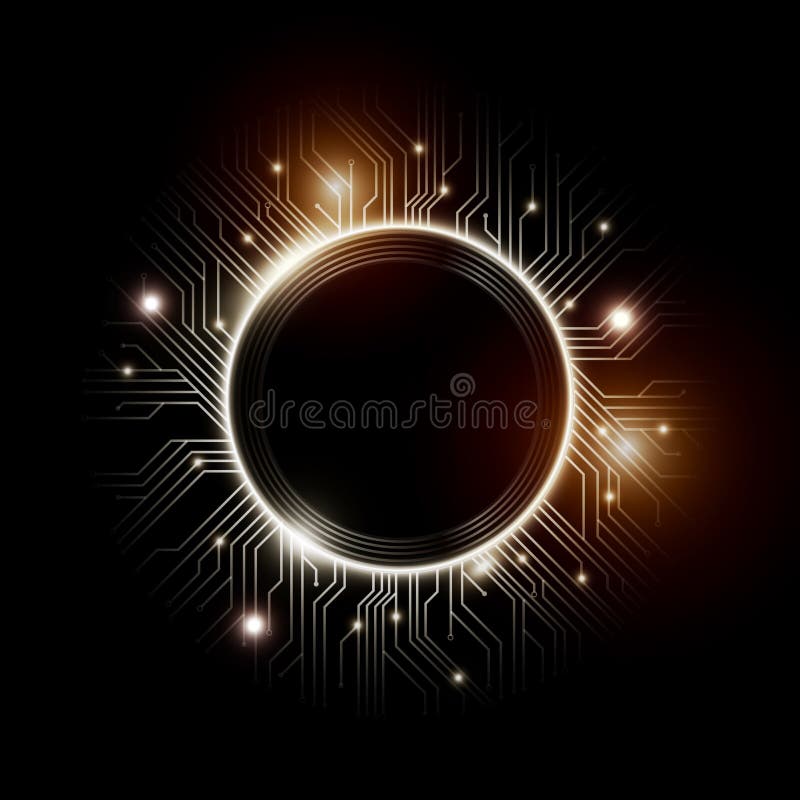 Microchip designs, CPU. Information communication technology elements with sparkles, glow circuit boards, vector illustration