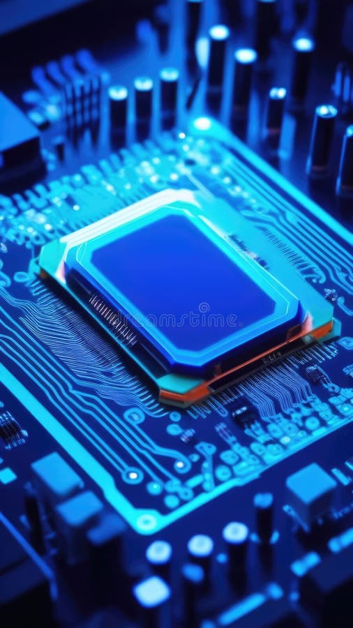 Microchip en el circuito integrado elementos luminosos de neón azul. microchip de codificación de fondo digital brillante. Microchip en elementos luminosos de luz azul de circuito integrado. código de fondo digital microchip gour chip abstruso fondo de computadora generado por ai