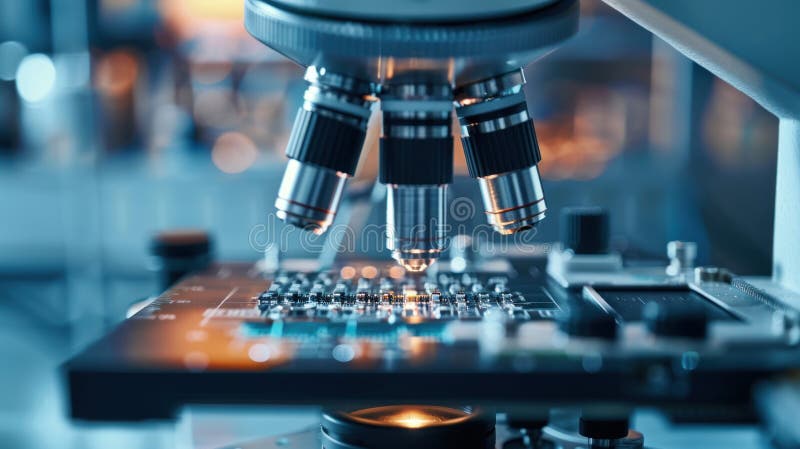 Microchip futuristico esaminato sotto microscopio che evidenzia royalty illustrazione gratis