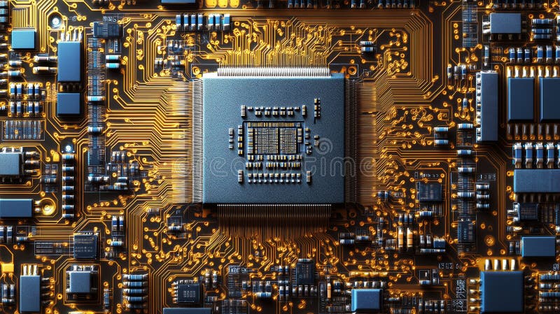Microchip with intricate circuit design and golden pathways. ai generative royalty free illustration