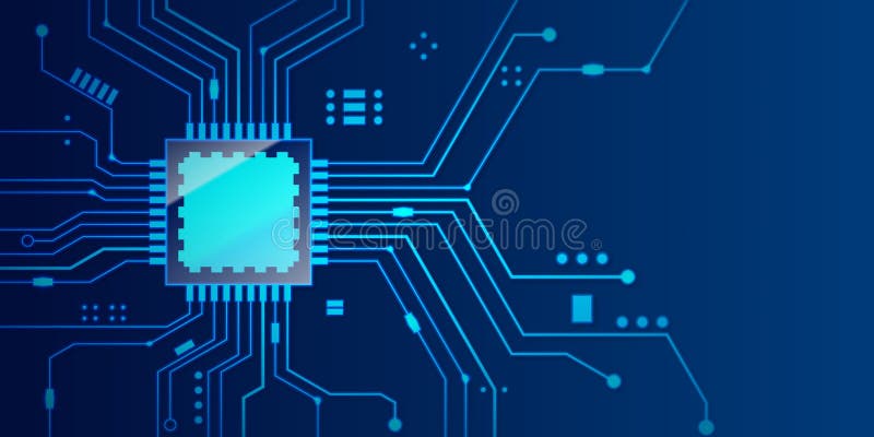 Microchip processor banner with blue background. Vector Illustration. royalty free illustration