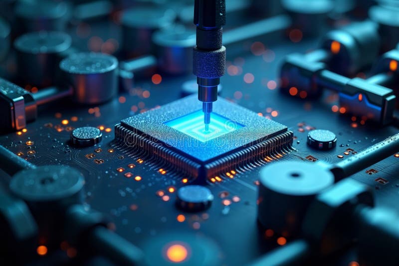 Electronic Processor with Glowing Core Under Dramatic Light, generative ai stock illustration