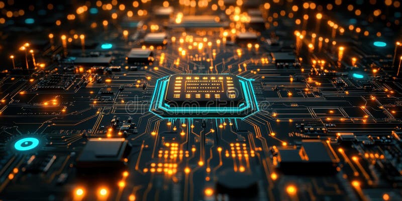 Microcip futurist cu circuite electronice strălucitoare și detalii complexe care prezintă tehnologia avansată și electronică avans royalty free stock image