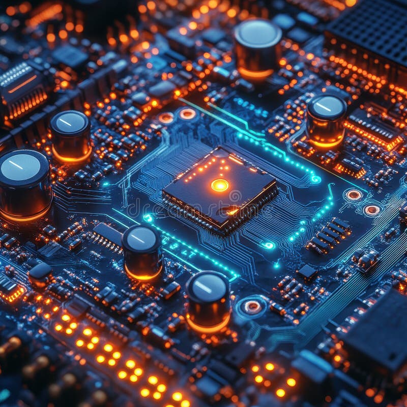 Microcip futurist cu circuite electronice strălucitoare și detalii complexe care prezintă tehnologia avansată și electronică avans stock images