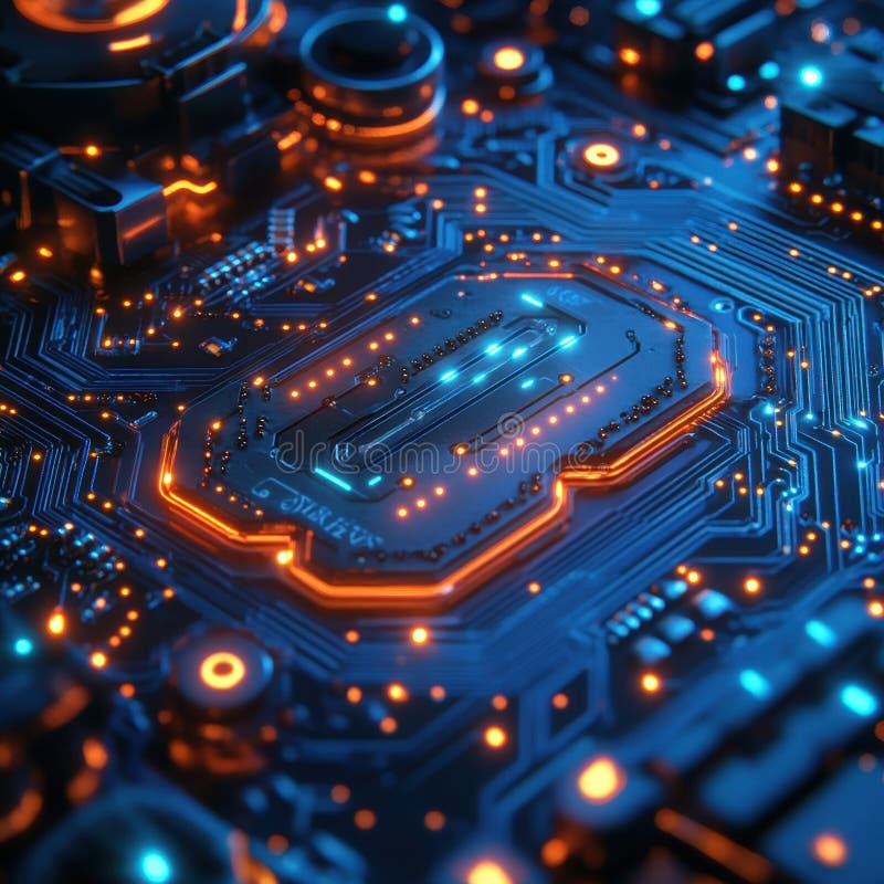 Microcip futurist cu circuite electronice strălucitoare și detalii complexe care prezintă tehnologia avansată și electronică avans royalty free stock image