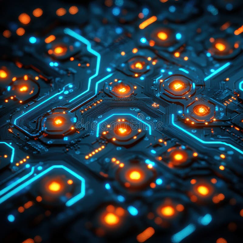 Microcip futurist cu circuite electronice strălucitoare și detalii complexe care prezintă tehnologia avansată și electronică avans stock image