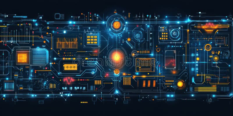 Microcip futurist cu circuite electronice strălucitoare și detalii complexe care prezintă tehnologia avansată și electronică avans stock images