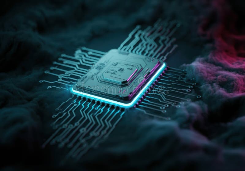 Microcip futurist cu circuite strălucitoare pe fond întunecat stock photo