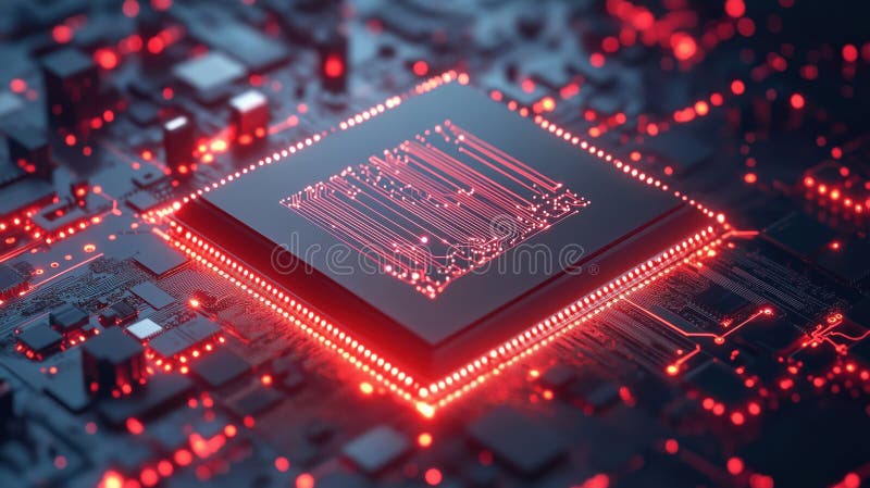 Microcip futurist cu circuite strălucitoare pe un fundal de placă de circuit întunecat royalty free stock images
