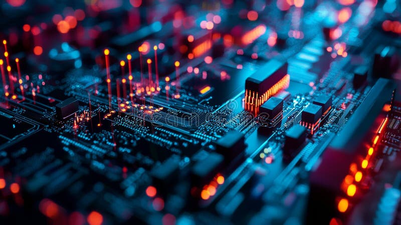 Microcip futurist cu circuite strălucitoare în lumină albastră și roșie stock photography