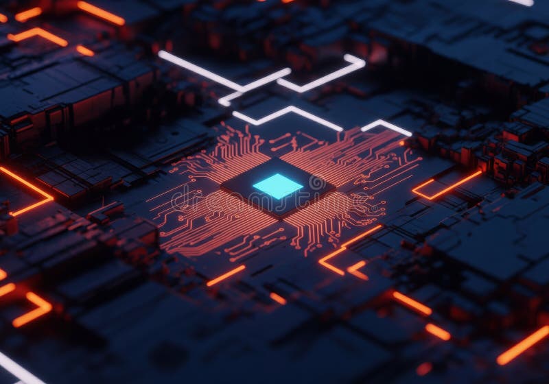 Microcip futurist cu circuite strălucitoare și design complex royalty free stock image