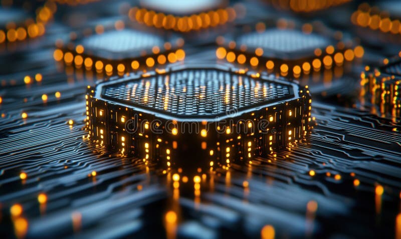 Microcip futurist cu circuite strălucitoare și design complex în tehnologia digitală stock photography